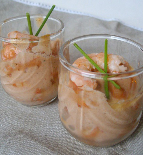 Verrines de crevettes grises à la mousse de cresson